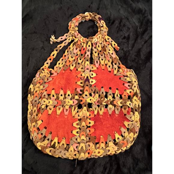 AMAZING VINTAGE 60's 70's SUEDE LEATHER LINKS BAG HIPPIE BOHO - Picture 1 of 5